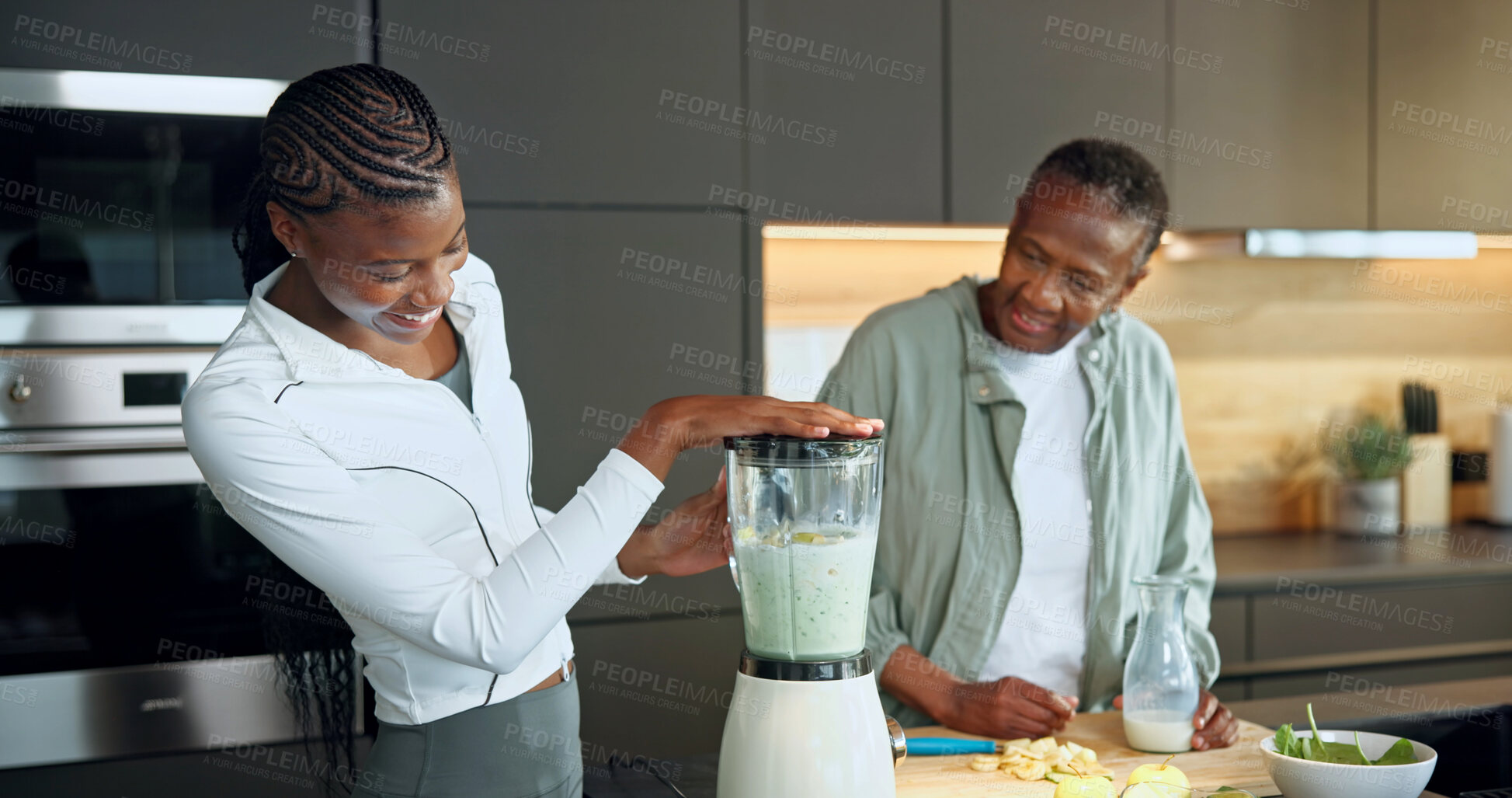 Buy stock photo Smile, black family and fruit at house with blender, healthy drink and fresh produce for gut health. Happy, old woman and daughter in kitchen with machine, organic ingredients and beverage for detox