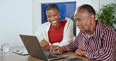 Buy stock photo Finance, senior mother or woman in house with laptop, budget review or help with pension management. Happy, black family or adult daughter with tech, income evaluation or guidance on retirement fund.