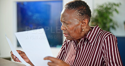 Buy stock photo Stress, document and old woman in home with debt pressure, mortgage worry and financial struggle. Confused black person, reading paper or cost of living crisis, foreclosure or inflation in retirement