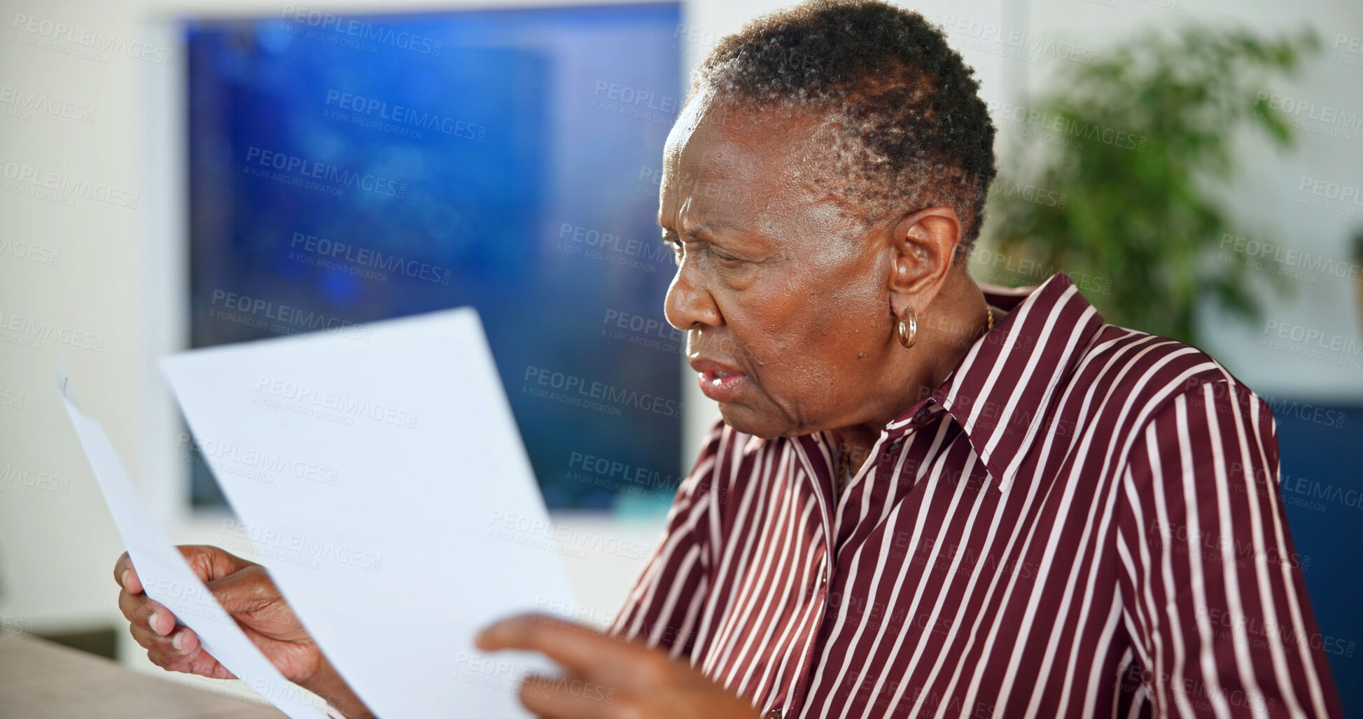 Buy stock photo Stress, document and old woman in home with debt pressure, mortgage worry and financial struggle. Confused black person, reading paper or cost of living crisis, foreclosure or inflation in retirement