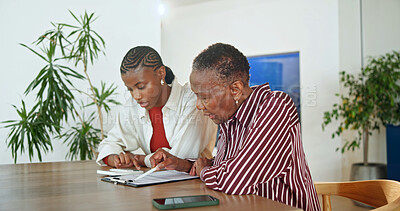 Buy stock photo Finance, budget or black family in home with calculator, account review or aid with pension audit. People, senior mom or adult daughter with clipboard, income evaluation or help with retirement fund.