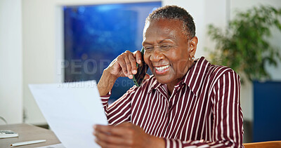 Buy stock photo Happy, phone call or senior woman with paperwork for insurance, policy update or review in home. Document, tech or elderly client in house with contact, application status or retirement fund feedback