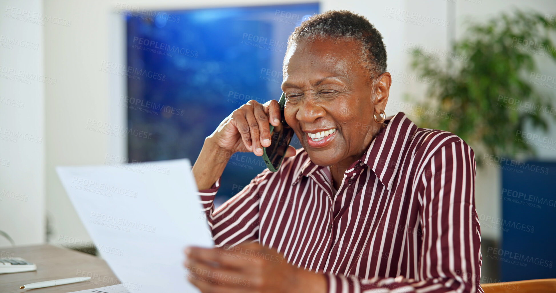 Buy stock photo Happy, phone call or senior woman with paperwork for insurance, policy update or review in home. Document, tech or elderly client in house with contact, application status or retirement fund feedback