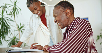 Buy stock photo Document, senior mother and help with woman for finance, policy clipboard or laugh with black family. Smile, adult daughter or parent with form, insurance application or retirement savings in home