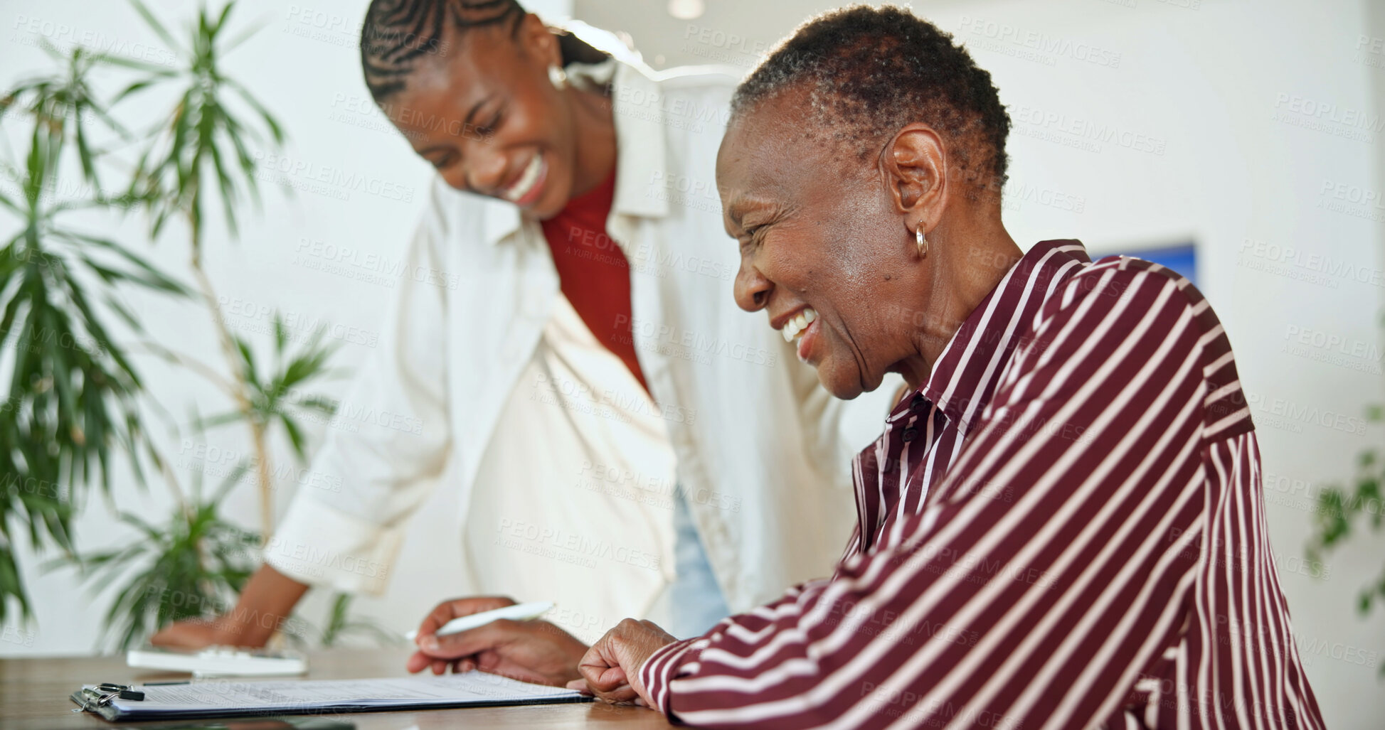 Buy stock photo Document, senior mother and help with woman for finance, policy clipboard or laugh with black family. Smile, adult daughter or parent with form, insurance application or retirement savings in home