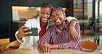 Home, senior mother and selfie with woman, love and hug with happy black family for bonding together. Photo, elderly parent and adult daughter embrace for social media memory, care and support