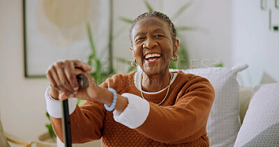 Buy stock photo Laugh, walking stick and senior woman in home for wellness, support and aid for balance. Happy, portrait and elderly African person with cane for mobility, arthritis and assistance for movement