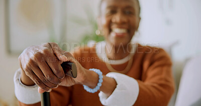 Buy stock photo Happy, walking stick and senior woman in home for wellness, support and aid for balance. Smile, portrait and elderly African person with cane for mobility, arthritis and assistance for movement