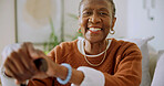 Portrait, walking stick and senior woman in home for wellness, support and aid for balance. Happy, retirement and elderly African person with cane for mobility, arthritis and assistance for movement