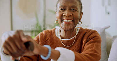 Buy stock photo Portrait, walking stick and senior woman in home for wellness, support and aid for balance. Happy, retirement and elderly African person with cane for mobility, arthritis and assistance for movement