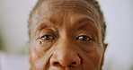 Portrait, patient and old woman with eye test for cataract assessment, optical health or appointment. Senior, black person and eyesight exam in medical clinic for glaucoma, ophthalmology or wellness.