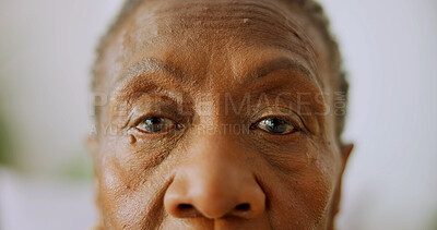 Buy stock photo Portrait, patient and old woman with eye test for cataract assessment, optical health or appointment. Senior, black person and eyesight exam in medical clinic for glaucoma, ophthalmology or wellness.