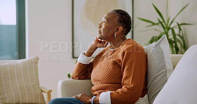 Buy stock photo Senior, woman and relax on sofa with thinking, quiet introspection or peaceful solitude in home. Elderly, black person and serious in house for retirement reflection, nostalgic memory or calm morning