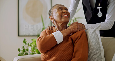 Buy stock photo Old woman, smile and holding hands with caregiver in nursing home, retirement or gratitude for help. Assisted living, nurse and support for senior black person, healthcare and happy patient in lounge