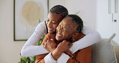 Buy stock photo Old woman, hug and holding hands with caregiver in nursing home, connection and gratitude for help. Assisted living, nurse and embrace with senior black person, healthcare and happy patient in lounge