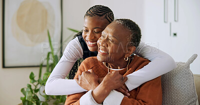 Buy stock photo Old woman, support and holding hands with daughter in home, laughing and bonding together in lounge. Family, connection and hug with senior black person, love and happy with mother in living room