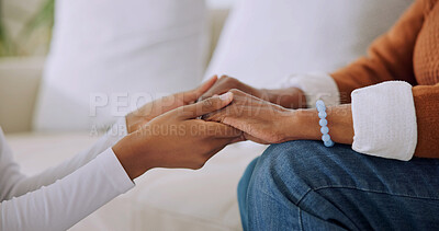 Buy stock photo Support, caregiver and old woman on sofa with holding hands, security or empathy in assisted living. Compassion, nurse or elderly person with comfort, healthy relationship or trust in retirement home
