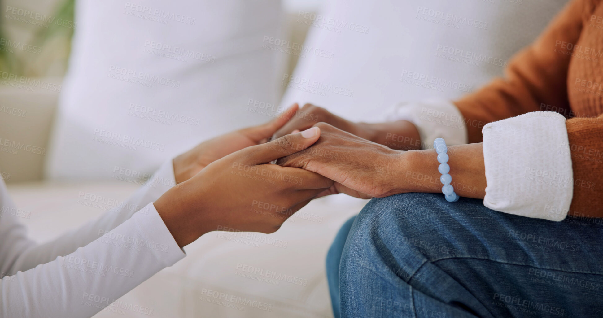 Buy stock photo Support, caregiver and old woman on sofa with holding hands, security or empathy in assisted living. Compassion, nurse or elderly person with comfort, healthy relationship or trust in retirement home