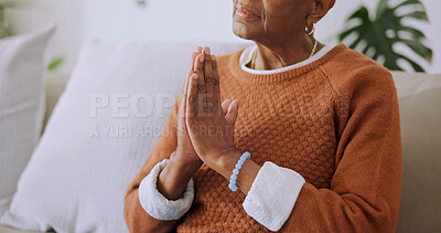 Buy stock photo Prayer, hands and senior woman in house, retirement and Christian with faith and worship in lounge. Religion, home and elderly person with belief in God, hope and spiritual praise in living room