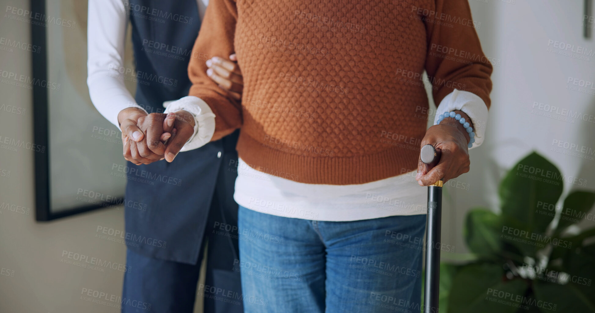 Buy stock photo Home, walking stick and nurse with senior woman for help, assisted living and balance together. Retirement, hands and caregiver with elderly patient, cane and aid for healthcare, wellness or mobility