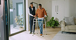 Caregiver, smile and old woman with walker in nursing home, recovery and support for senior patient. Healthcare, nurse and walking with elderly person, happy and assisted mobility for rehabilitation