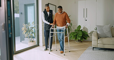 Buy stock photo Caregiver, smile and old woman with walker in nursing home, recovery and support for senior patient. Healthcare, nurse and walking with elderly person, happy and assisted mobility for rehabilitation