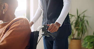 Buy stock photo Hands, nurse and wheelchair with old woman in house for support, medical advice and volunteer. Caregiver, healthcare and trust with African person with a disability in nursing home for kindness