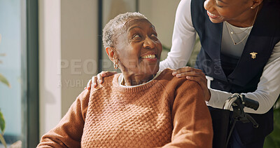 Buy stock photo Smile, nurse and wheelchair with old woman in house for support, medical advice and volunteer. Caregiver, healthcare and trust with African person with a disability in nursing home for kindness