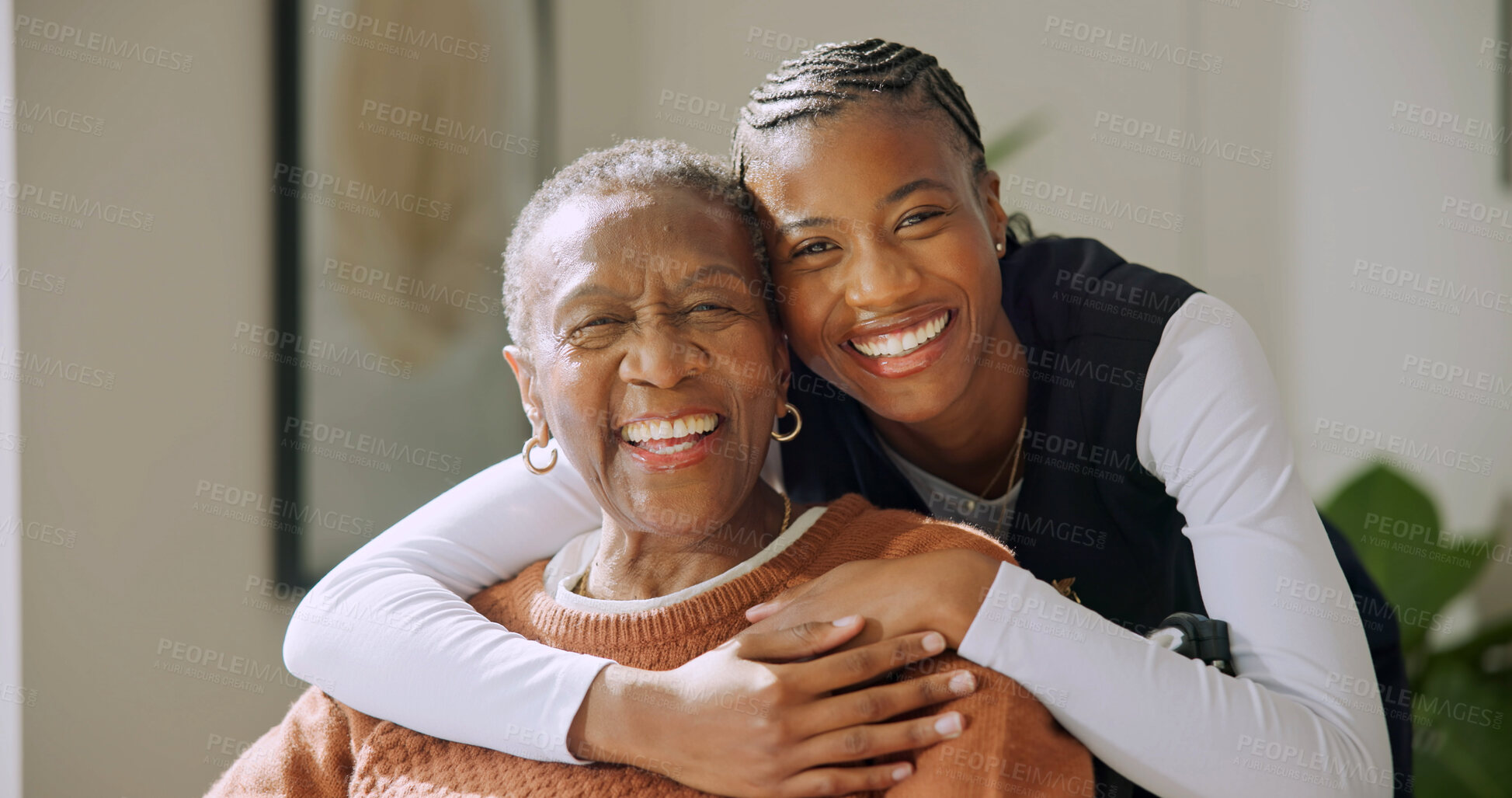 Buy stock photo Senior, patient and caregiver with hug in nursing home, support and health with smile for trust. African woman, nurse and aid in elderly care, comfort and happy for assisted living and wellness