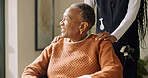 Thinking, nurse and old woman with wheelchair, daydreaming and calm moment with elderly care. Happy, caregiver and senior person with disability, reflection and peaceful perspective in nursing home.