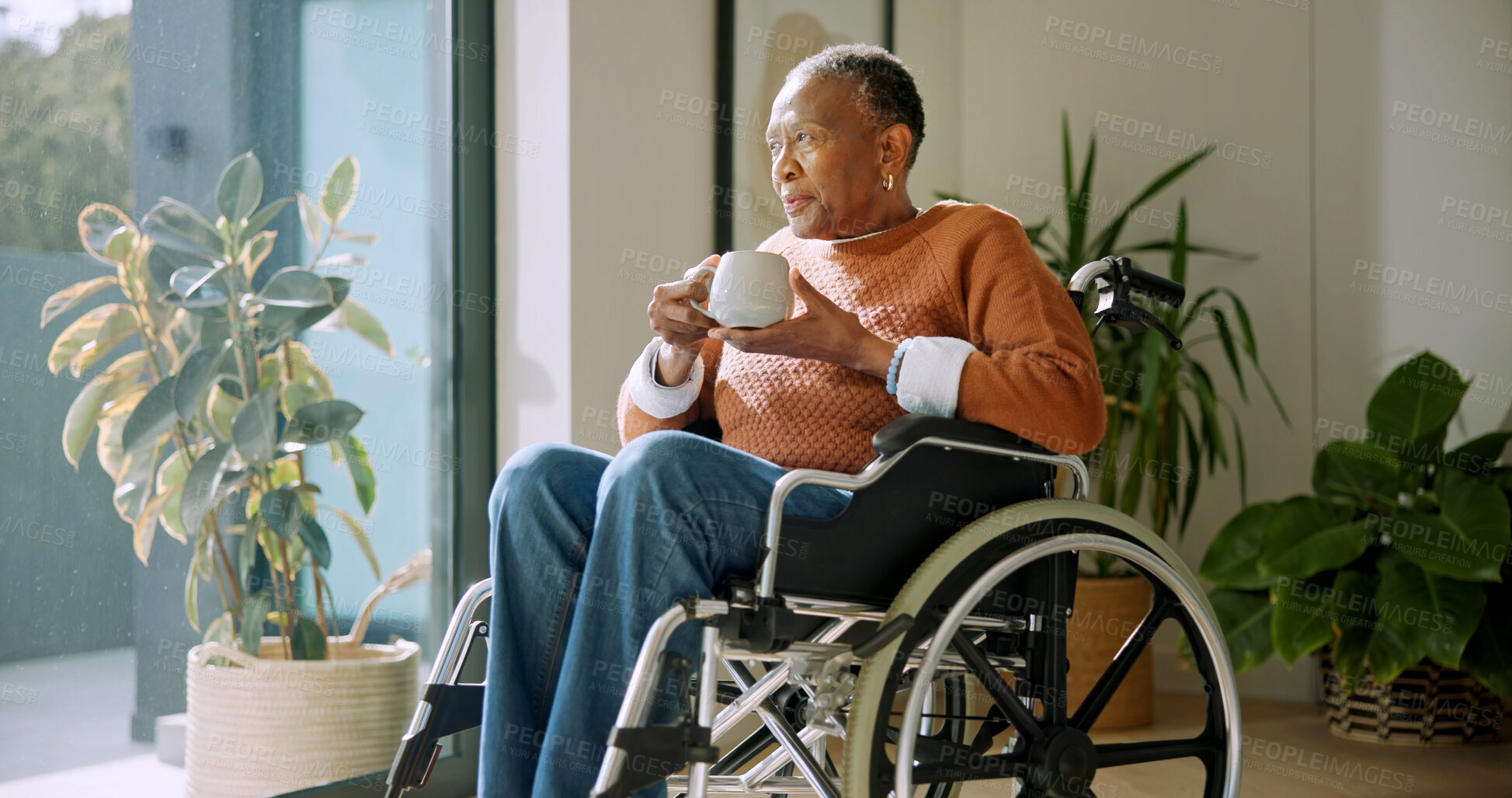 Buy stock photo Tea, thinking and old woman by window with wheelchair, calm afternoon and remember memories of past. Coffee, reflection and senior black person with disability, nostalgia or vision in retirement home