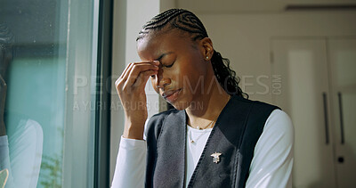 Buy stock photo Window, worry and nurse in hospital with stress for pressure, medical error and overworked. Clinic, healthcare and black woman with headache, frustrated and migraine for burnout, fatigue and mistake