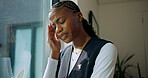 Tired, headache and nurse in hospital with stress for pressure, medical error and overworked. Clinic, healthcare and black woman with worry, head pain and migraine for burnout, fatigue and mistake