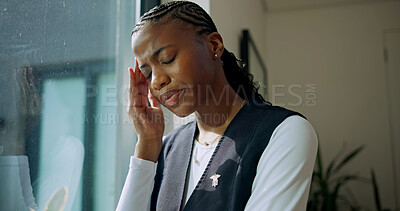 Buy stock photo Tired, headache and nurse in hospital with stress for pressure, medical error and overworked. Clinic, healthcare and black woman with worry, head pain and migraine for burnout, fatigue and mistake