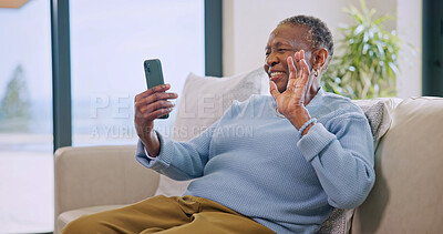 Buy stock photo Video call, wave and old woman with phone in lounge, laugh or communication with contact on website. Retirement, home and happy senior black person with mobile, greeting and virtual chat with app