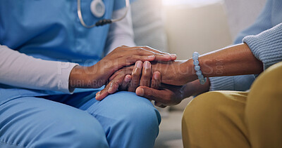 Buy stock photo Hands, patient and caregiver with support in nursing home, helping and health with empathy. People, nurse and aid in healthcare, comfort and assisted living for wellness, consultation and kindness