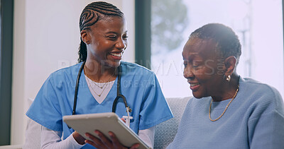 Buy stock photo Tablet, nurse and old woman in home for consulting, telehealth app and help with report. Healthcare, retirement and caregiver with African patient for medical support, wellness and assisted living