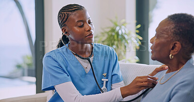 Buy stock photo Nurse, stethoscope and patient in nursing home with healthcare, wellness check and heartbeat. Cardiovascular care, breathing and senior woman with doctor, assisted living and respiratory evaluation
