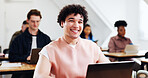 Laptop, smile and college student in class for education, knowledge development or course research. Portrait, university and happy man with computer for learning, scholarship and study opportunity