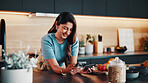 Happy woman, phone and credit card in kitchen for ecommerce, cart checkout and buy new appliance. Person, mobile and debit in home for online shopping, remote purchase and smile for easy transaction