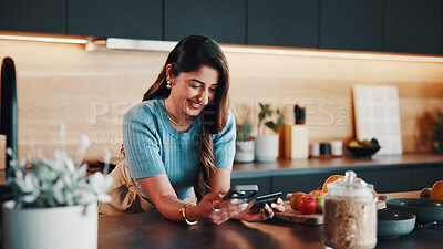 Buy stock photo Happy woman, phone and credit card in kitchen for ecommerce, cart checkout and buy new appliance. Person, mobile and debit in home for online shopping, remote purchase and smile for easy transaction