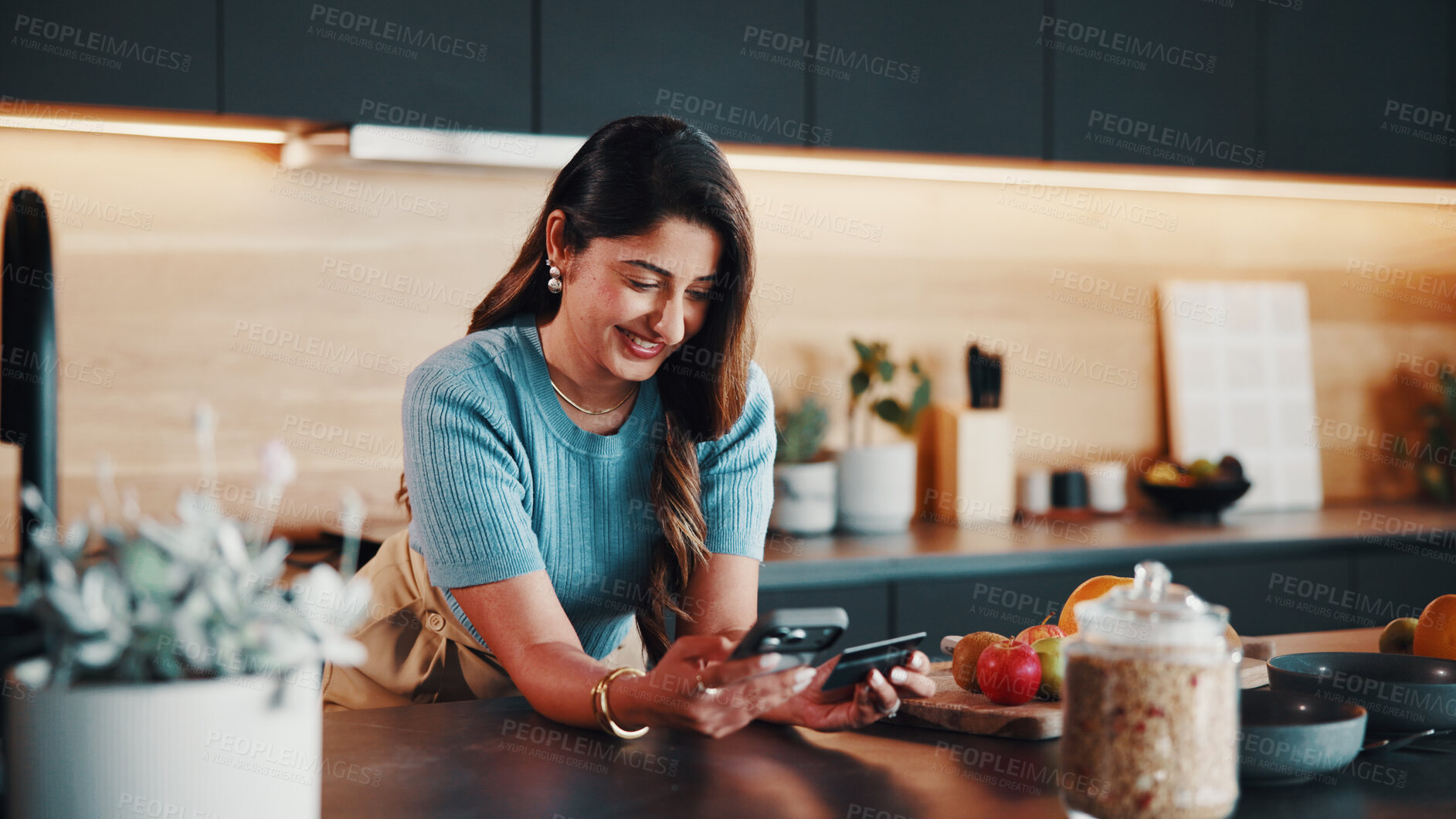 Buy stock photo Happy woman, phone and credit card in kitchen for ecommerce, cart checkout and buy new appliance. Person, mobile and debit in home for online shopping, remote purchase and smile for easy transaction