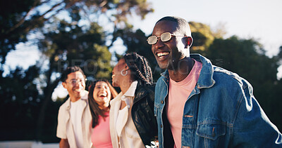 Buy stock photo Excited, happy friends and laughing in backyard of home together for bonding or summer reunion. Funny, smile and visit with group of people walking outdoor in garden for hangout or social gathering