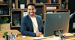 Man, portrait and happy at computer for business, company representative and financial accountant. Smile, auditor and tech in office for about us, tax compliance and confidence with career stability