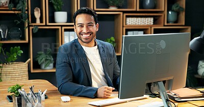 Buy stock photo Man, portrait and happy at computer for business, company representative and financial accountant. Smile, auditor and tech in office for about us, tax compliance and confidence with career stability