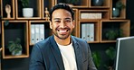 Man, portrait and smile at computer for business, company representative and financial accountant. Happy, auditor and tech in office for about us, tax compliance and confidence with career stability