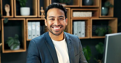 Buy stock photo Man, portrait and smile at computer for business, company representative and financial accountant. Happy, auditor and tech in office for about us, tax compliance and confidence with career stability