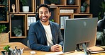Man, portrait and headset at computer for finance, company representative or business advisor. Happy, broker or tech in firm for contact us, online consultation or confidence with financing service