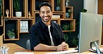 Man, portrait and smile at computer for finance, company representative and business accountant. Happy, auditor and tech in office for about us, tax compliance and confidence with career stability