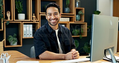 Buy stock photo Man, portrait and smile at computer for finance, company representative and business accountant. Happy, auditor and tech in office for about us, tax compliance and confidence with career stability